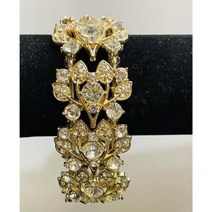 Sparkling Rhinestone Bracelet Bangle Stretchy Chunky Brass On Gold Tone